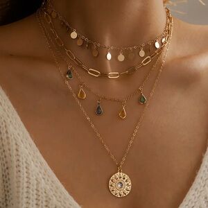 Gold Layered Necklace Set with Textured Pendants‎